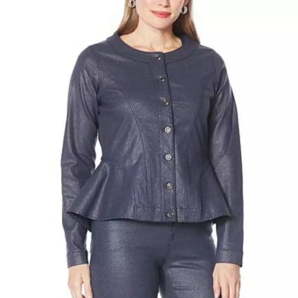 DG2 Diane Gilman Women’s Grey Sparkle Denim Collarless Peplum Jacket - New